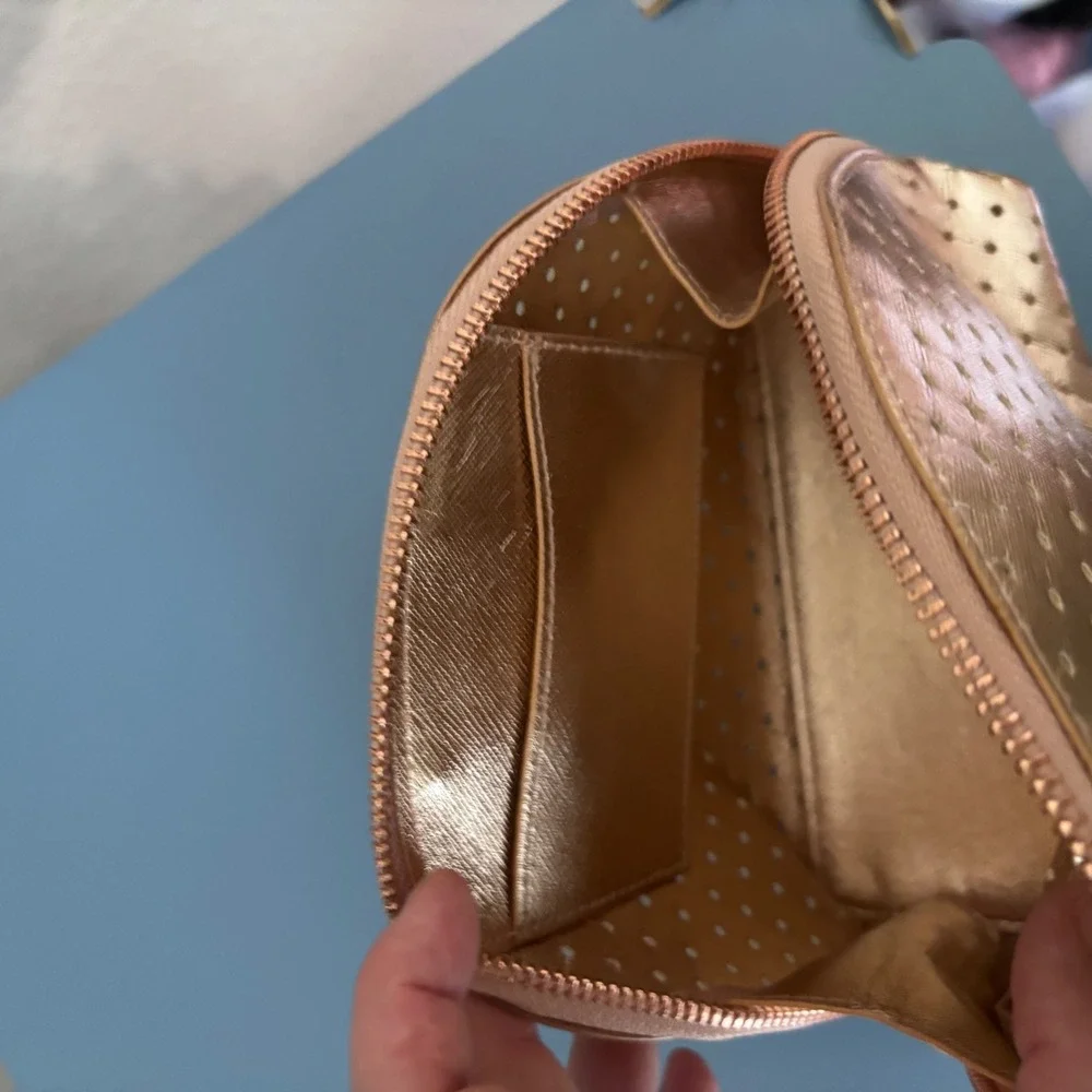 New Michael Kors Cosmetic Pouch Metallic Rose Gold Perforated with Card Holder